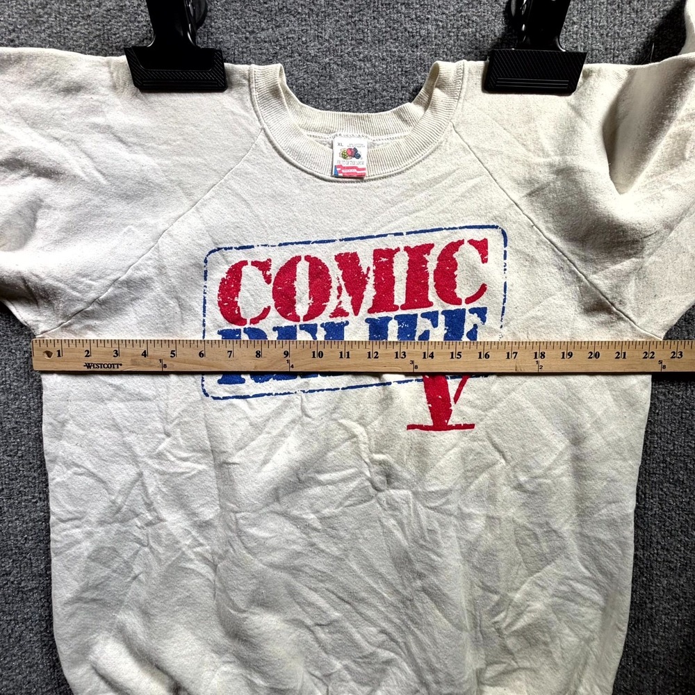 Vintage Fruit Of The Loom Comic Relief V Sweatshirt Men's XL White Graphic Print - Picture 8 of 14